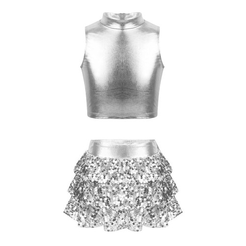 Kids Girls Ballet Dance Dress 2-Piece Metallic Shiny Lyrical Latin Dancewear - Picture 24 of 39