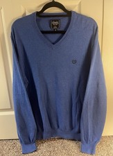 Chaps Cotton Cashmere Knit Pullover V-Neck Sweater Blue M Logo Long Sleeve