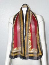 Vintage Elaine Gold Long Scarf Baroque Print Black Gold Red 52"x11"