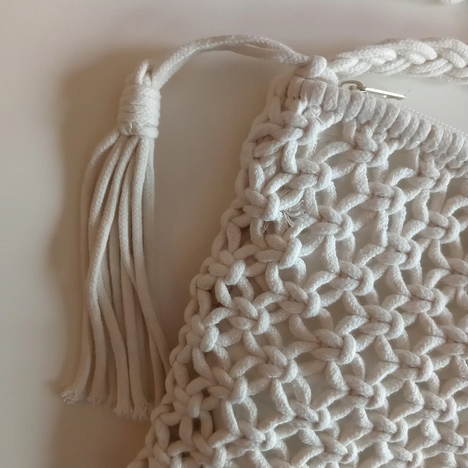 Macrame Style Crossbody Bag In Ivory Cream with Tassels Long Strap Zip Fastening - Image 3 of 4