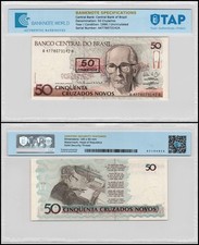 Brazil 50 Cruzeiros on 50 Cruzados Novos, 1990 ND, P-223, UNC, Authenticated
