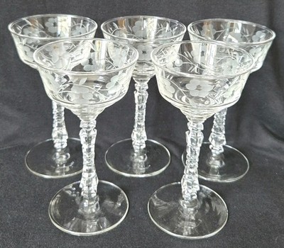 Set Of 5 Libbey Rock Sharpe Halifax 3005 Etched Crystal Cocktail Glasses Vintage