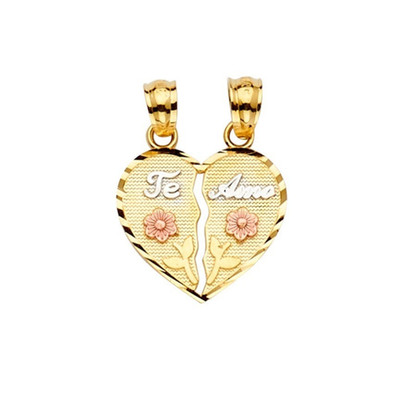 14K massiv Gold Herz Anhänger 16mm klein gespalten Herz Blume Te Amo Pendant-PT2376