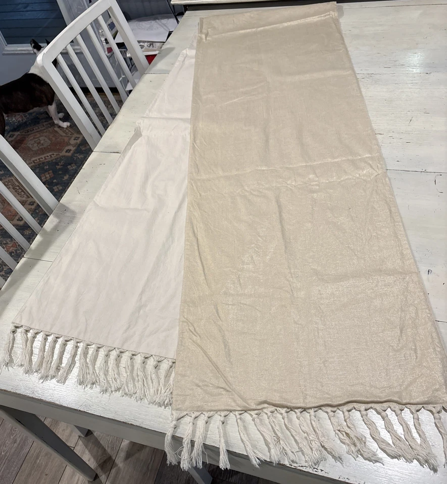 Pottery Barn Table Runner Champagne Linen Cotton Blend~Tassels 18" X 108" - Image 3 of 4