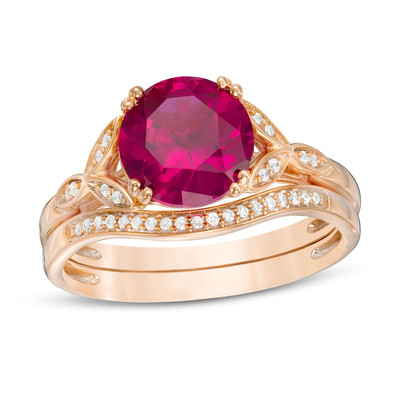 2.30Ct Ruby & Diamond Simulated Leaf Sides Bridal Ring Set 14K Rose Gold Plated