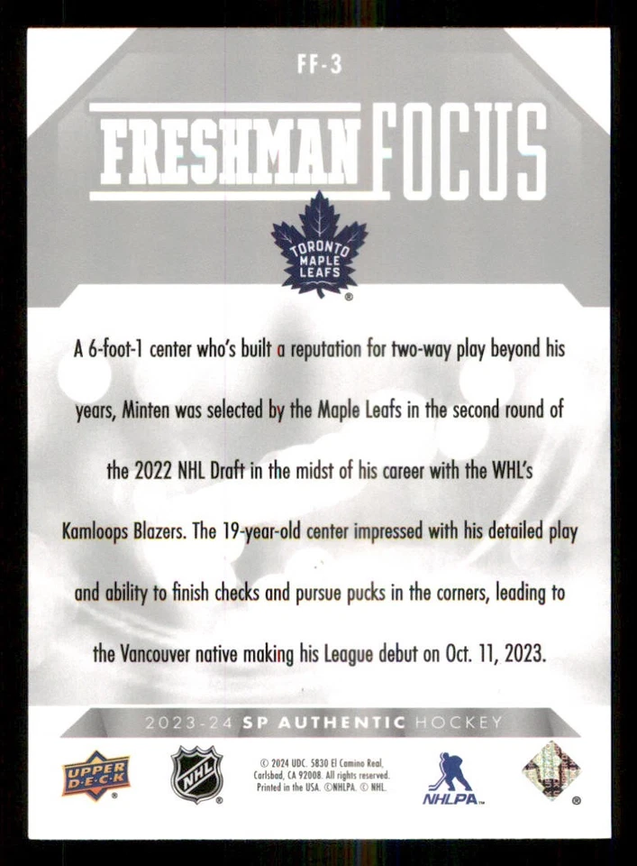 2023-24 SP Authentic Freshman Focus #FF3 Fraser Minten - Image 2 of 2