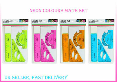 3-teiliges Mathe-Set Mathe-Lineal Winkelmesser quadratisches Gehäuse Neonfarben Schule Büro