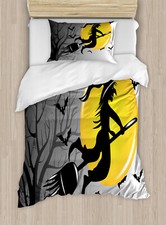 Image of Halloween Duvet Cover Set Witch Flies on Full Moon