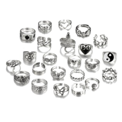 Pack Of 24 Vintage Silver Rings Gothic Style Finger Accessory For Men And Women