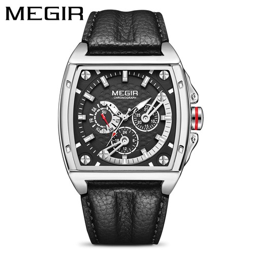 Megir Men's Genuine Leather Quartz Watch Chronograph Casual Square Wrist Watch - Picture 11 of 14