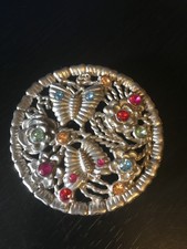 RARE Round Belt Buckle with Butterflys Flowers Colored Stones Integrated Loop