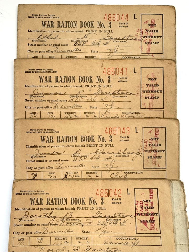 War Ration Cards 4 - 1940s World War II WW2 US Ration Books With Stamps Dunellen, NJ New ...