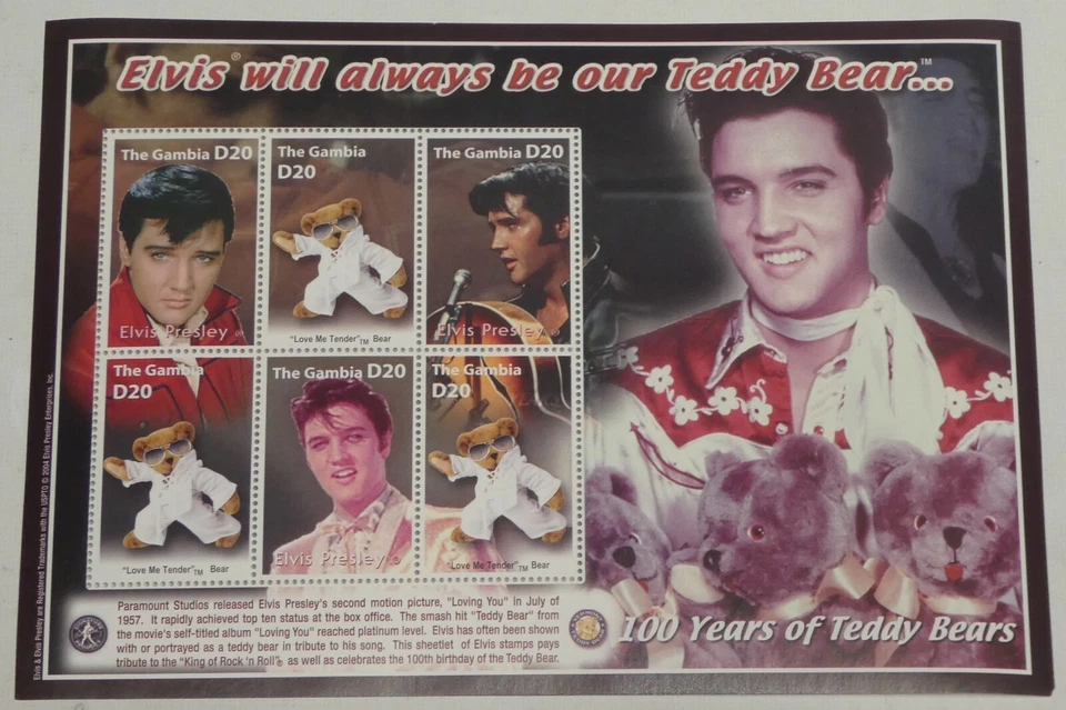 Лист марок Элвис Пресли Гамбия D20 6 марок 2004 100 лет плюшевых медвежат - Изображение 2 из 4
