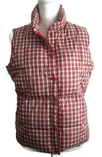 Lands End Womens Sz S 6-8 Plaid Vest Down Puffer Red White Snap Up Outerwear