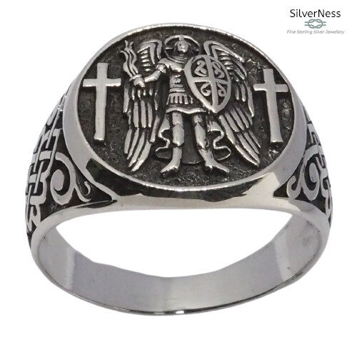 SilverNess Men's Jewellery : Saint Michael Signet ring : Sterling Silver 925 - Picture 1 of 4