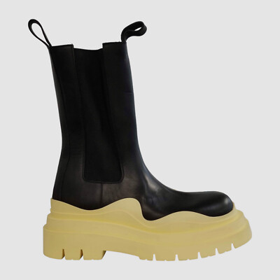 $1450 Bottega Veneta Women Black Yellow Platform Chelsea Boots