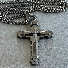 Mens Stainless Steel Necklace Cross Pendant 24'' Black Cross Necklace CZ