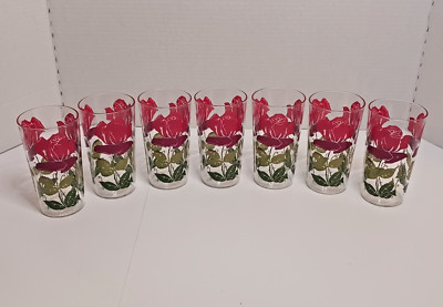 7 - Mid Century Modern MCM Red Rose Pattern Anchor Hocking Glass 4'' Glasses