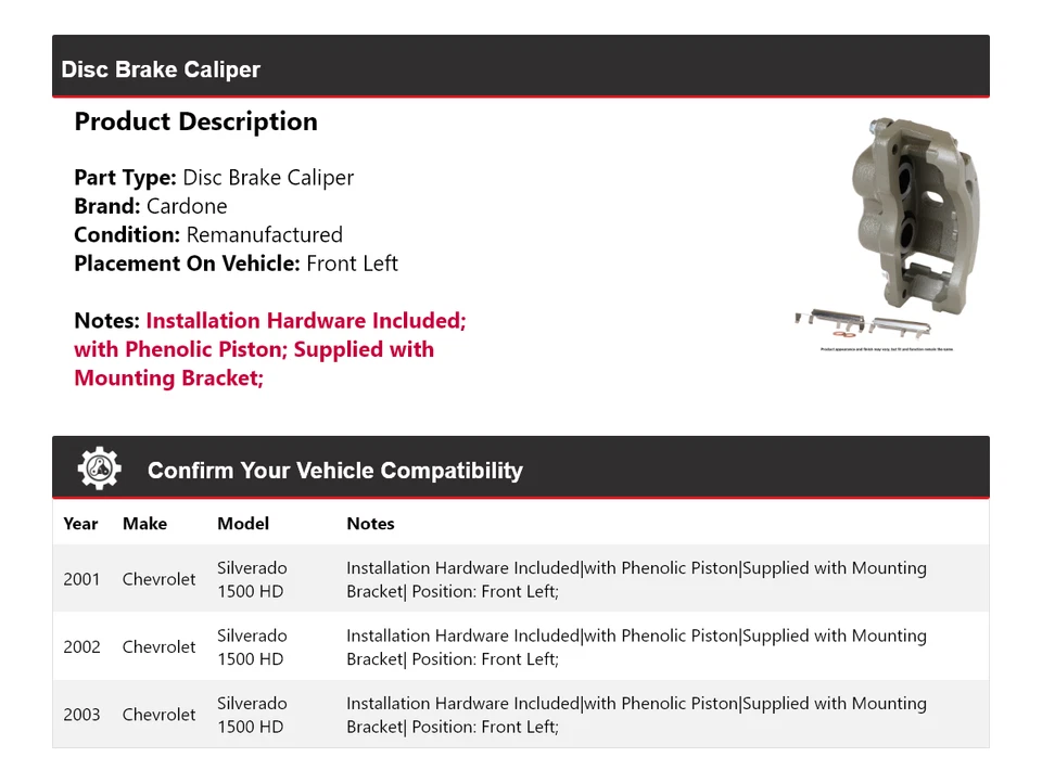 Pinza de freno de disco delantera izquierda cardone para Chevrolet Silverado 1500 HD 2001-2003 Foto 2 de 4