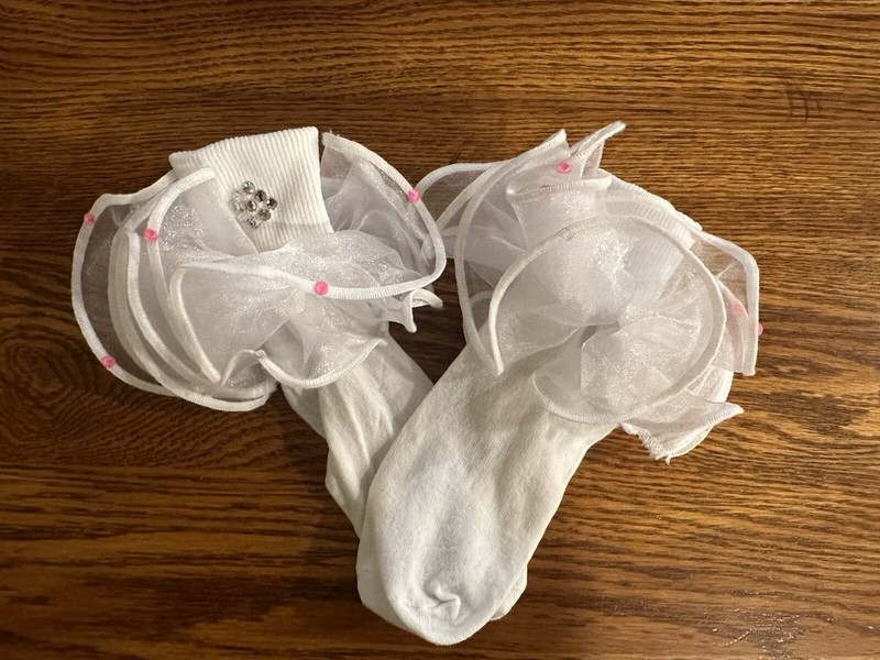 New White Cuffed Girls Dance Socks Pink Stones Child Costume