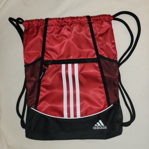 Adidas Classic Drawstring 18x12 Red Black White Backpack Bag 1 Zip Pocket 2 Mesh