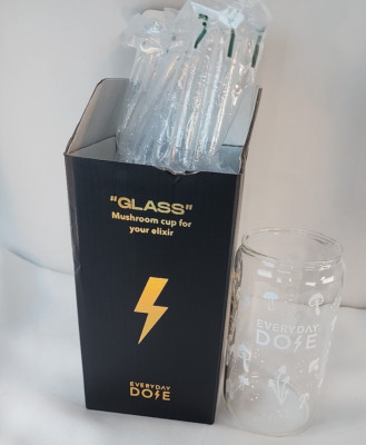 Everyday Dose Ice Coffee Glass Cup w Mushrooms Design - New in Box 
