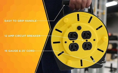 25' Extension Cord Reel with 4-Outlets Portable Indoor Outdoor Indoor Outdoor - Picture 4 of 7