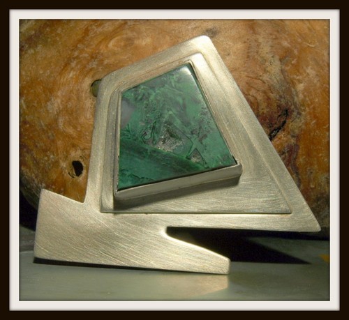 Malachite and Agate one of a kind Sterling Silver Brooch Pin - Picture 2 of 5