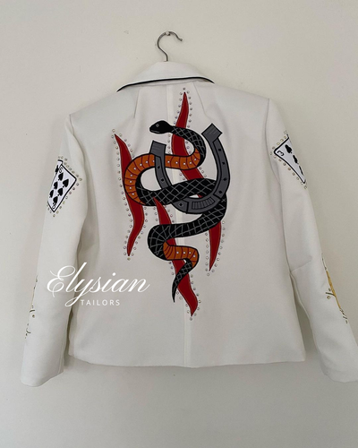 Men Customized White Cotton Shrimps & Snake Embroidered Rhinestone Western Suit - Picture 3 of 8