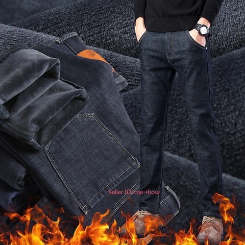 Mens Winter Thermal Jeans Fleece Lined Denim Pant Thick Stretch Straight Trouser - Picture 3 of 14