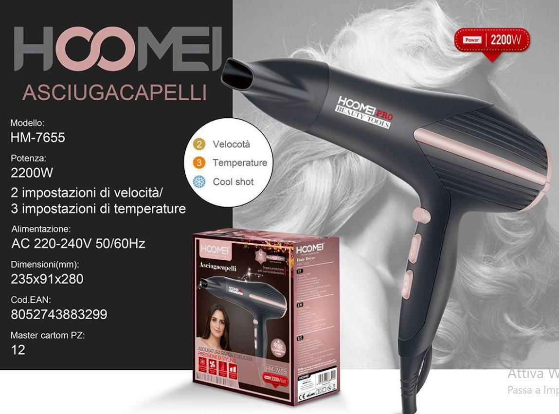 Asciugacapelli Potente 2200W Phono 2 Velocità - Ideale Famiglia