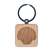 Scallop Seashell Hashmark Shaded Beach Shell Engraved Wood Square Keychain