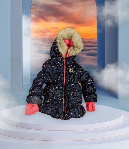 ZEROXPOSUR Mädchen Stern PUFFER Mantel dunkelblau Jacke Kunstfell Kapuze Gr. 24 Monate