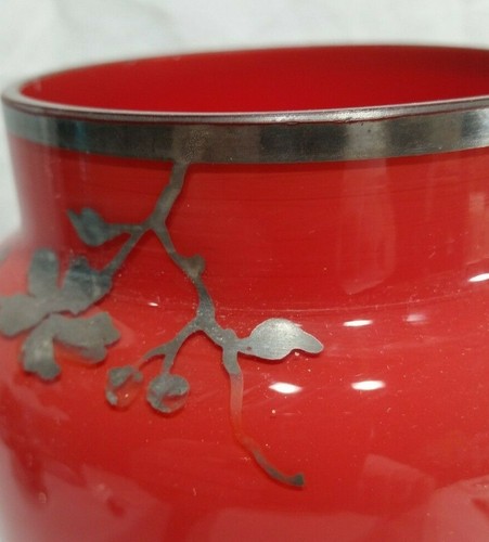 Vintage Czecho Slavakia Red 8 3/4" Vase with Sterling Silver Overlay - Picture 5 of 8