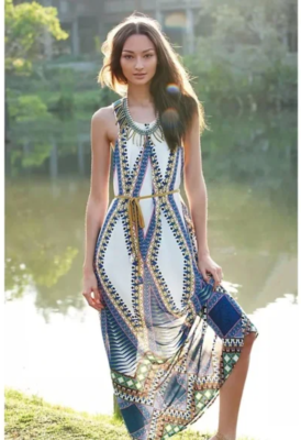 Anthropologie Maeve Pakpao Maxi Dress With Belt Sz 4 Geometric 