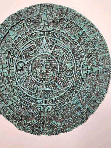 Vintage Aztec Mayan Sun Calendar 12" Crushed Malachite Teal Wall Plaque Hanging - Picture 16 of 18