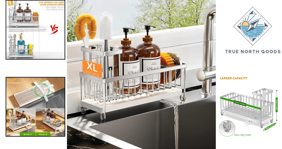 Rustproof X-Large Kitchen Sponge Holder with Tall Brush Organizer - Space-Saving - Image 2 of 4