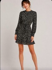 Sezane Floral Tie Waist Long Sleeve Mini Dress Black 36 NWOT