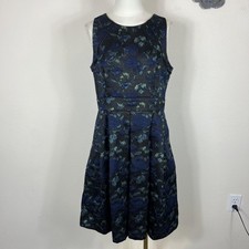 Eliza J Dress Womens 12 Black Blue Floral Jacquard Metallic Fit Flare Pockets