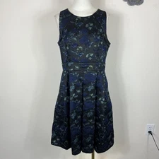 Eliza J Dress Womens 12 Black Blue Floral Jacquard Metallic Fit Flare Pockets
