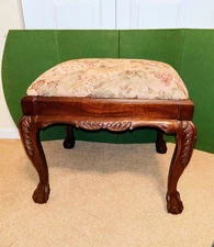 Vtg Carved Mahogany Chippendale Ball & Claw Feet, Upholstered Vanity Bench VG
