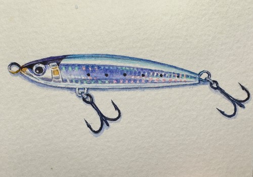 Watercolor Painting Lure Bait Fish Fishing Seascape ACEO Art No.414