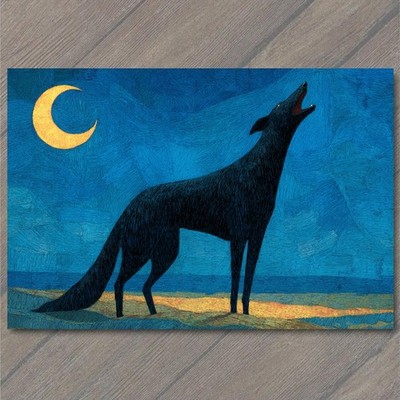 Art Print Black Wolf Howling Crescent Moon Blue Night Sky Desert Silhouette