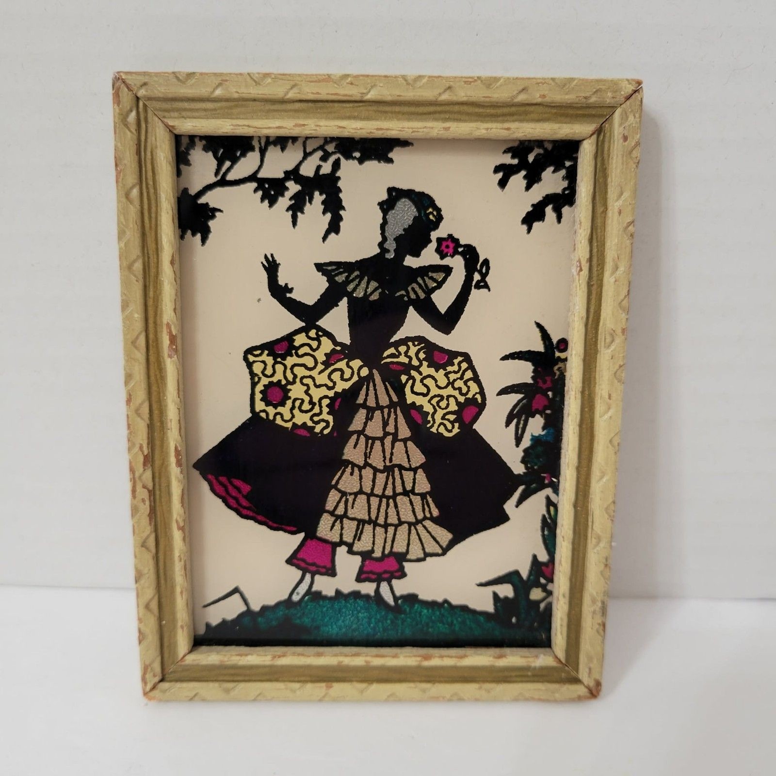 Vintage 1940s Art Deco Foil Silhouette Reverse Glass Painting Victorian Ruffled