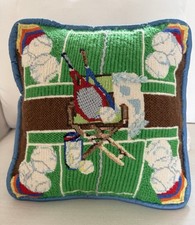 vtg needlepoint & Wool Yarn Tennis Theme 13” Square Decor Pillow