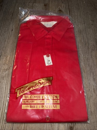 Camisa Vintage Años 60 Mujer’s Roja Manga Enrollada Abotonada Deadstock Nueva Talla 36 - Imagen 1 de 5