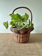 Vintage Tall Round Wicker Basket With Handle - Black Accents 19  