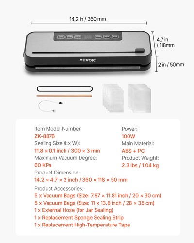 VEVOR 5-in-1 Vakuumiergerät Vakuumierer Folienschweißgerät 100W 10 Beutel - Bild 7 von 12