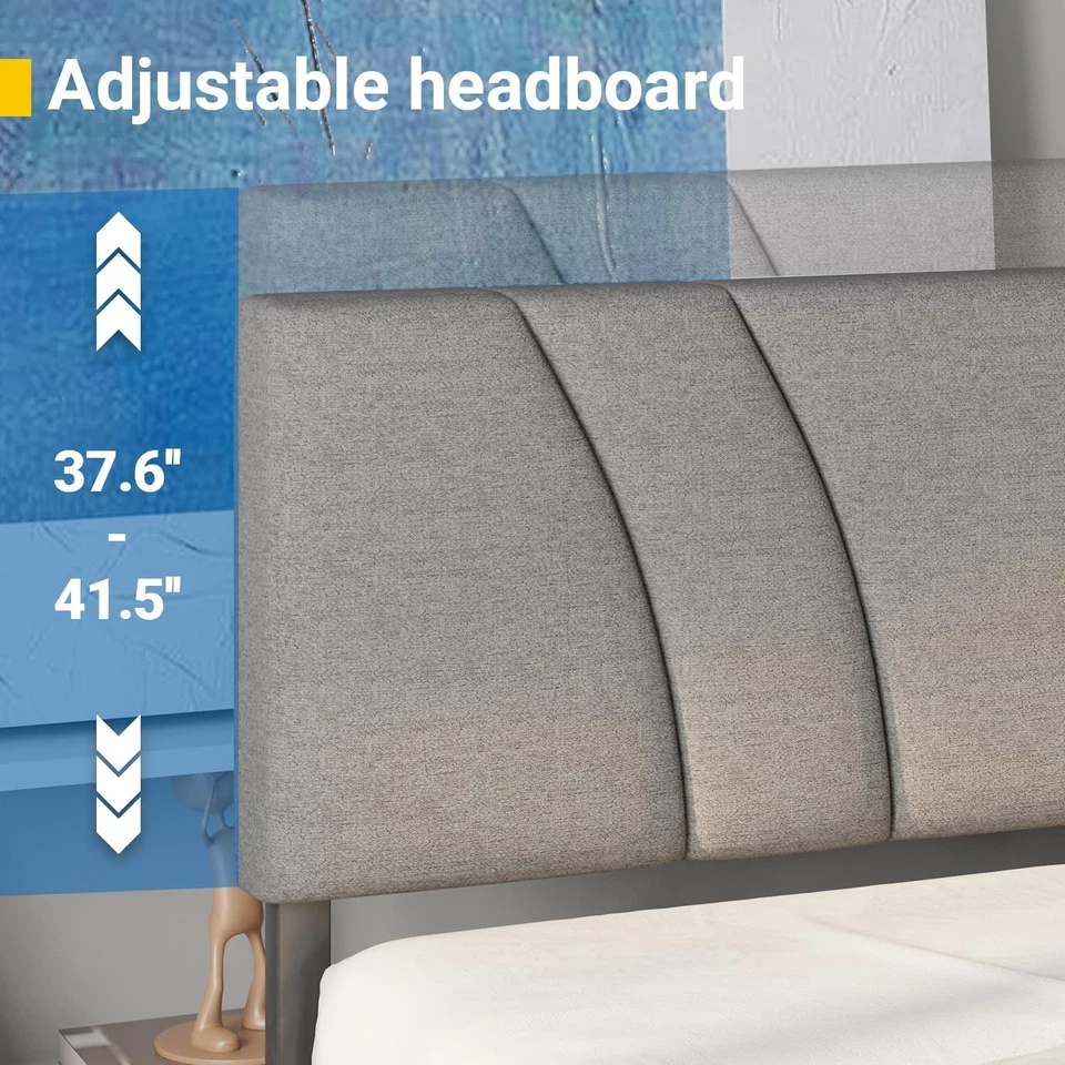 King Bed Frame, Upholstered Platform Bed Frame with Adjustable Headboard, Woo... - Image 2 of 4