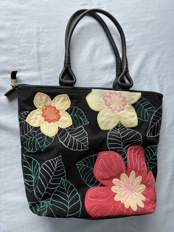 Bolso de mano de lona negro cosido floral Talbots algodón y rayón 11x9x4 pulgadas Foto 3 de 4